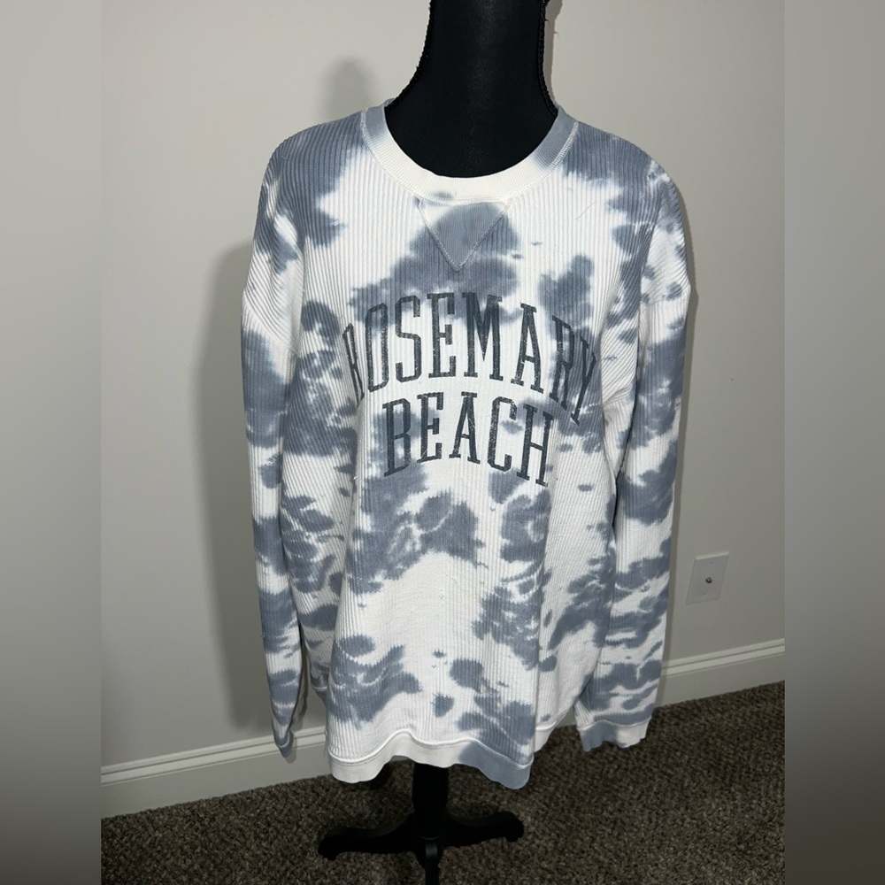 Rosemary Beach Florida Tie-Dye Crewneck Sweatshirt Gray and White Ribbed 30a